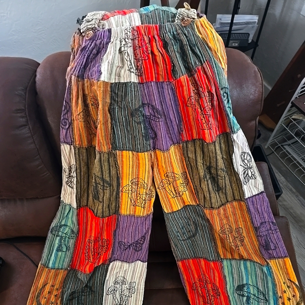 Kirat  90's Women's Patchwork Overalls Wide Leg Hippo Artsy Mushrooms